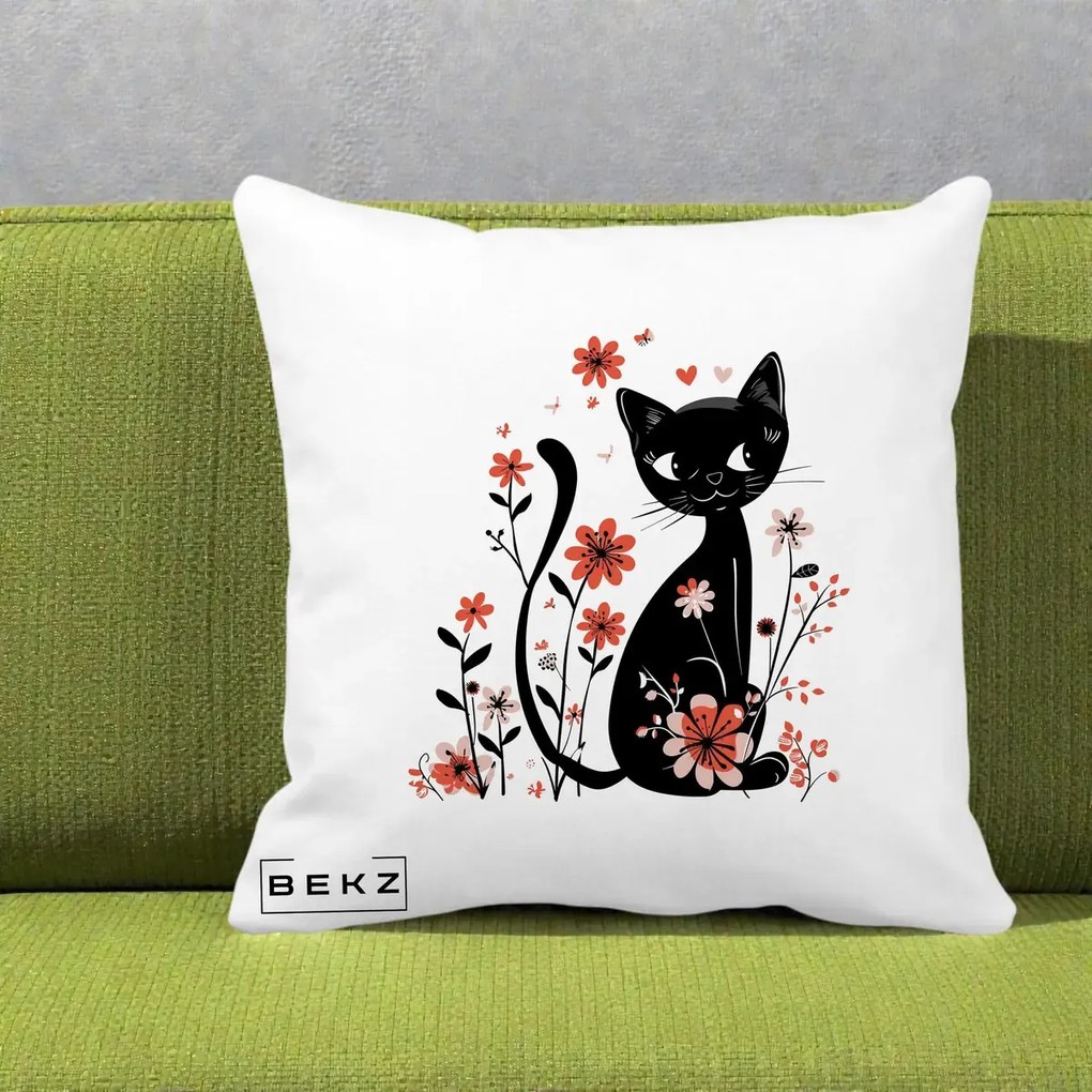 Perna Decorativa Pisica Neagra Flori Roz si Inimi, 40x40 cm, Alba Mata, Husa Detasabila, Perna Inclusa, BEKZ®