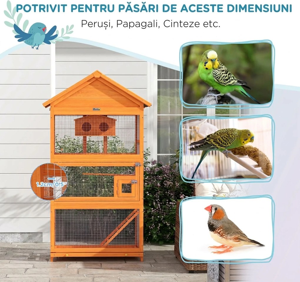 PawHut Volieră pentru Păsări cu 3 Uși, Cușcă, Scară și Tavă, din Lemn și Metal, 92x52x171 cm, Portocaliu și Negru | Aosom Romania