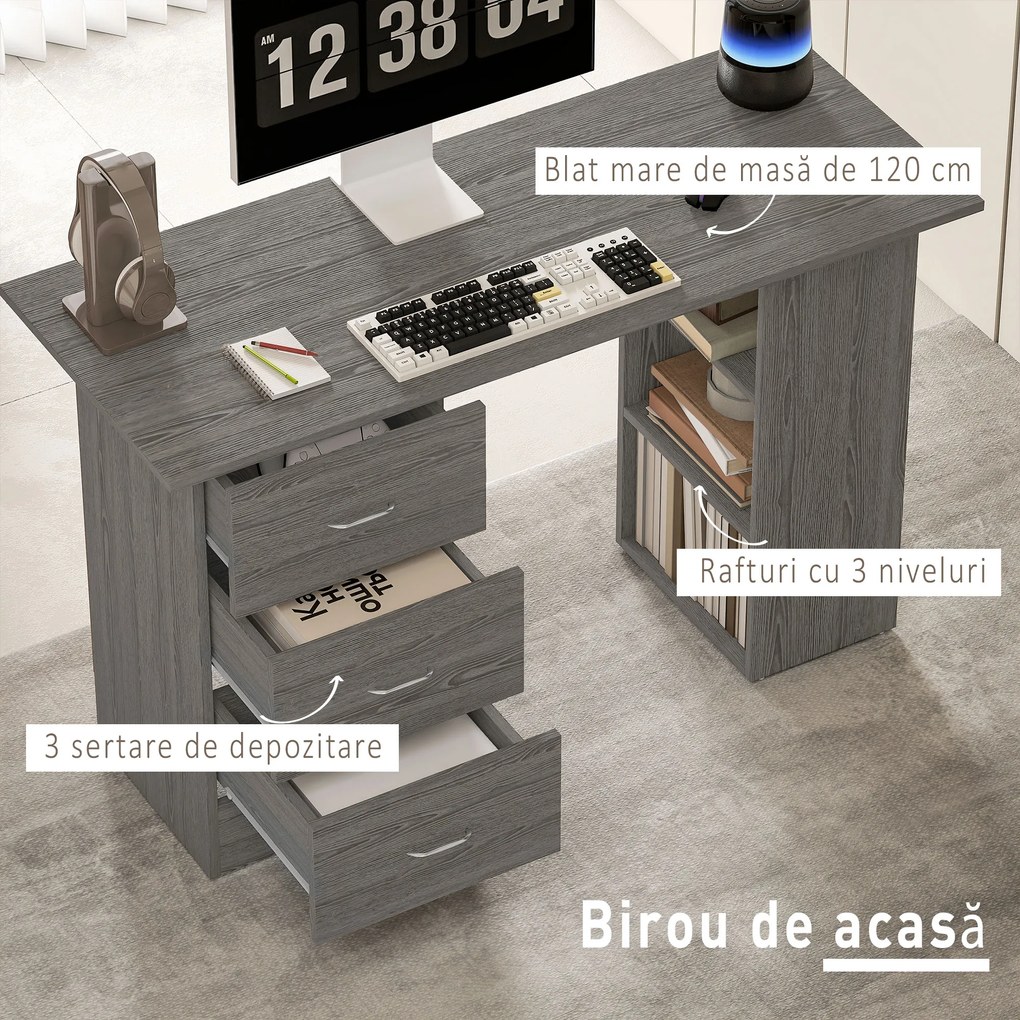 HOMCOM Birou modern cu 3 Sertare si Rafturi in Lemn Alb 120x49x72cm | Aosom Romania