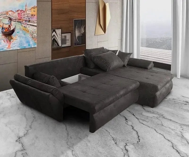 Colțar extensibil dumonde cu ladă de depozitare si sezut confortabil din spuma high-density, Loana Madagaskar Black II 270x185 cm