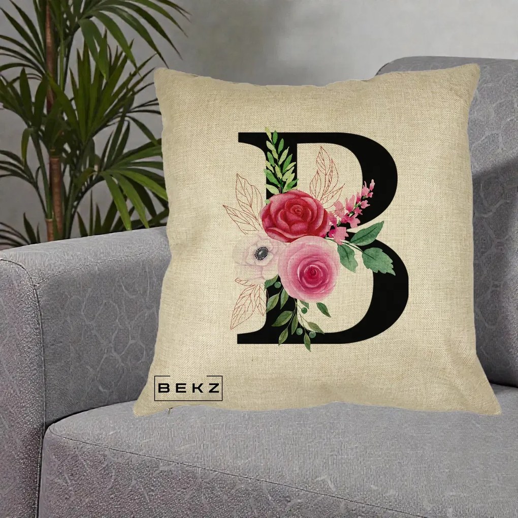 Cadou Personalizat - Perna Personalizata Monograma Florala Litera B, 40x40 cm, Crem, Husa Detasabila, Perna Inclusa, BEKZ®