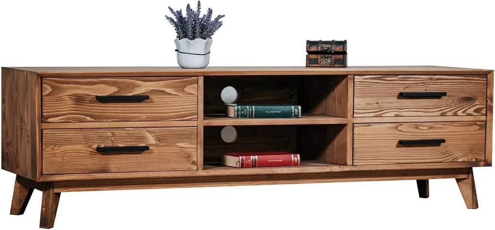 Comodă TV lemn masiv Timeless 4 Sertare 2 Nișe Whisky, 146 × 40 × 48 cm