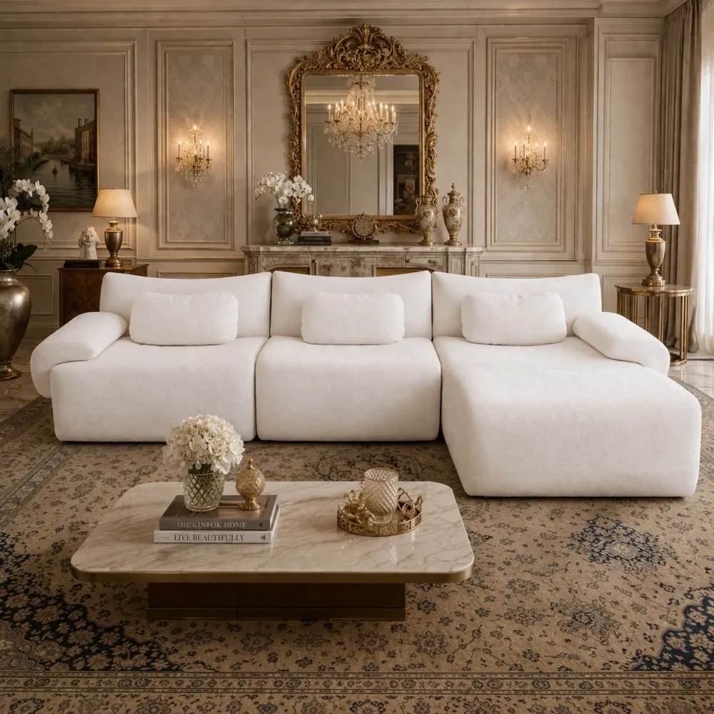 VELORA – Canapea Modulară din Chenille Premium, din spumă de înaltă densitate, L-Shape, 3 perne, Ultra Confort & Design Reconfigurabil, Bej