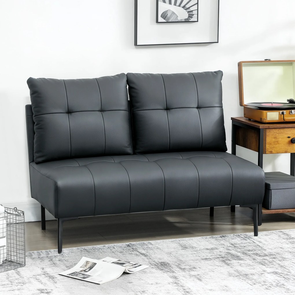 HOMCOM Divan cu Două Locuri Compact din Piele Sintetică, Divan Modern Capitonat cu Nasturi cu Îmbunătățire Spumoasă și Picioare din Lemn, Canapea Fără Brațe pentru Sufragerie și Birou, 115x73x83 cm, Negru | Aosom Romania
