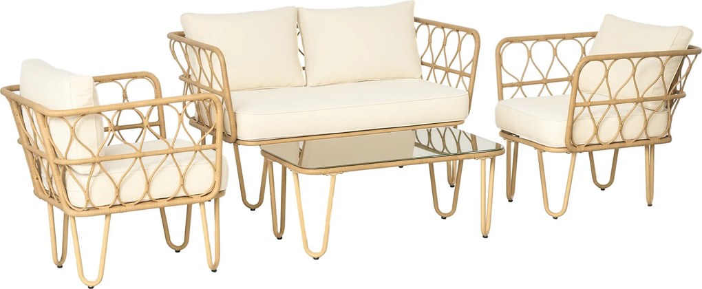 Outsunny Set de grădină canapea 2 locuri + 2 fotolii + 1 masă de cafea cu blat din sticlă securizată 7 perne ecru | Aosom Romania