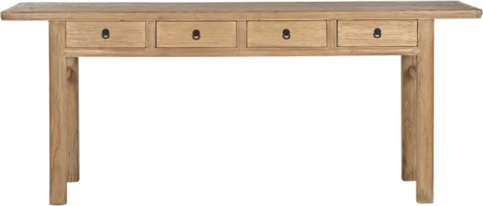Consolă din lemn masiv de ulm, natur, blat lung, 4 sertare cu mânere metalice, picioare drepte cu traverse, finisaj natural, 85 x 200 x 42 cm,