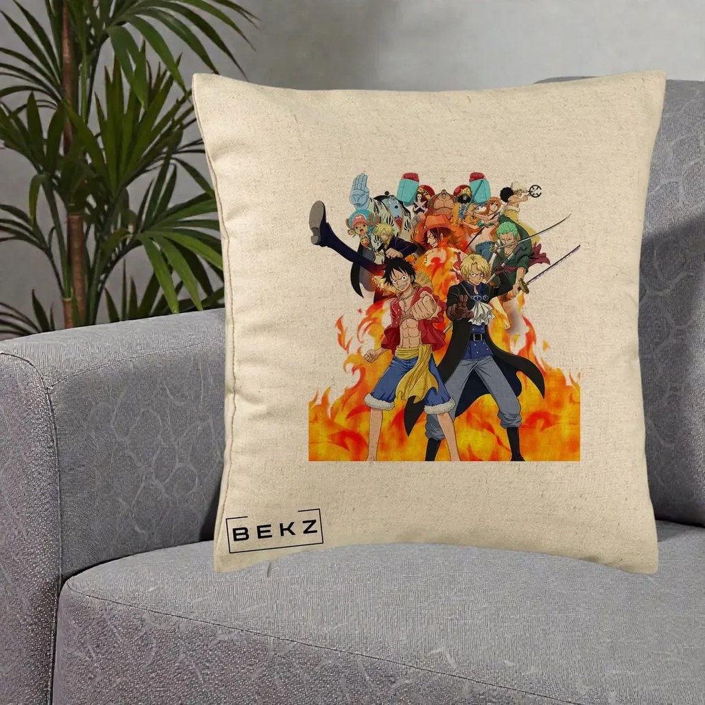 Perna Personalizata One Piece Echipa Straw Hat in Flacari, 40x40 cm, Bej, Husa Detasabila, Perna Inclusa, BEKZ®