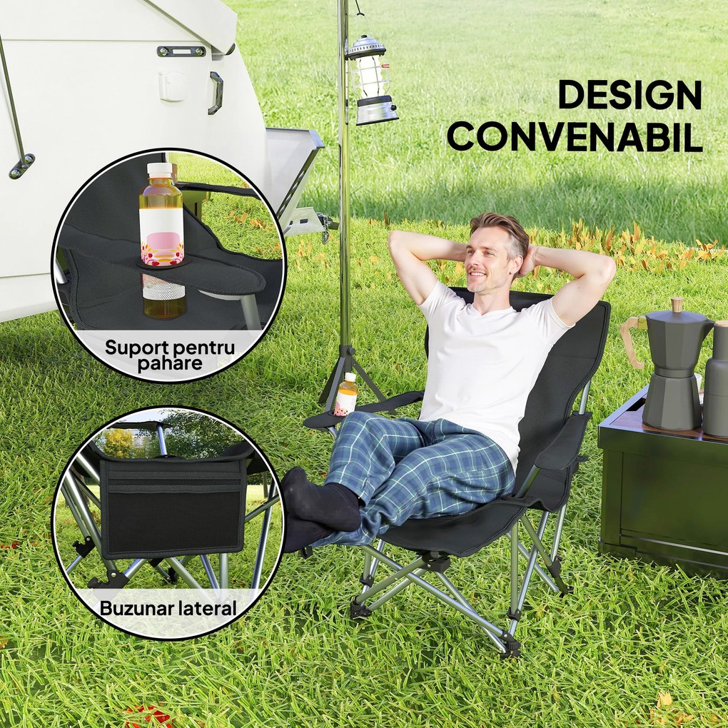 Outsunny Scaun de Camping Pliabil și Rabatabil cu Suport pentru Picioare Detașabil și Tetieră, 82x50/100x88 cm, Negru | Aosom Romania