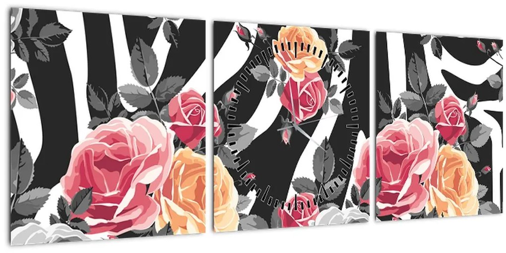 Tablou cu trandafiri înfloriți (cu ceas) (90x30 cm)