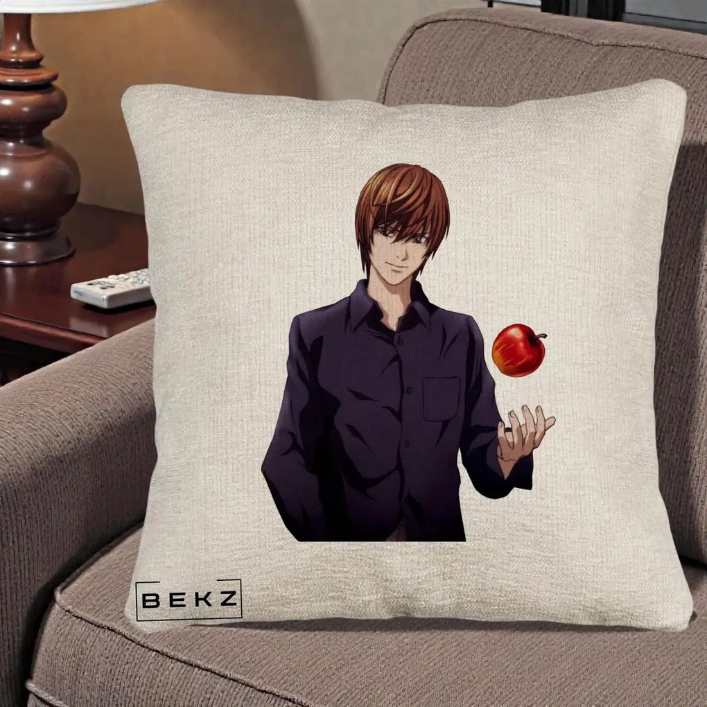 Perna Personalizata Death Note Light Yagami cu Mar, 40x40 cm, Bej Canapea, Husa Detasabila, Perna Inclusa, BEKZ®