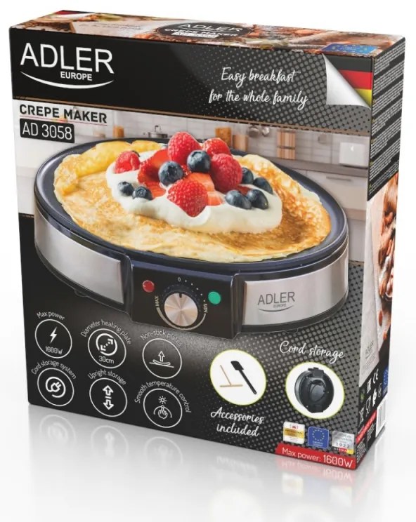 Aparat electric pentru clatite Adler AD 3058, 1600W, 30 cm, Ustensile, Negru