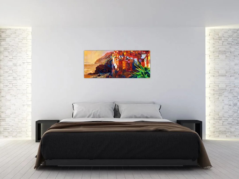 Tablou - Satul de coastă Cinque Terre, Riviera italiană, impresionismul modern (120x50 cm)