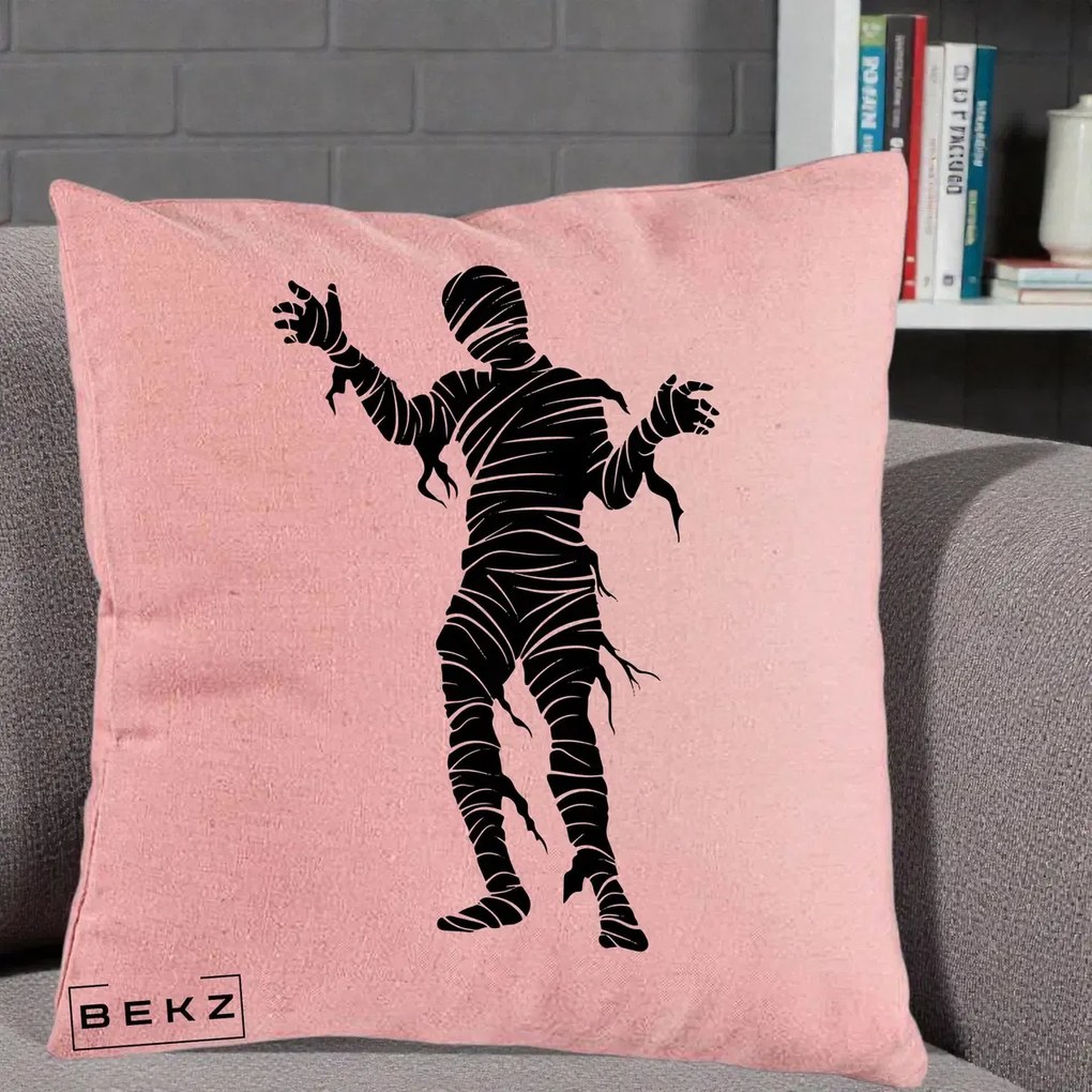 Perna Decorativa Mormii Infricosat Silueta Neagra Halloween, 40x40 cm, Roz, Husa Detasabila, Perna Inclusa, BEKZ®