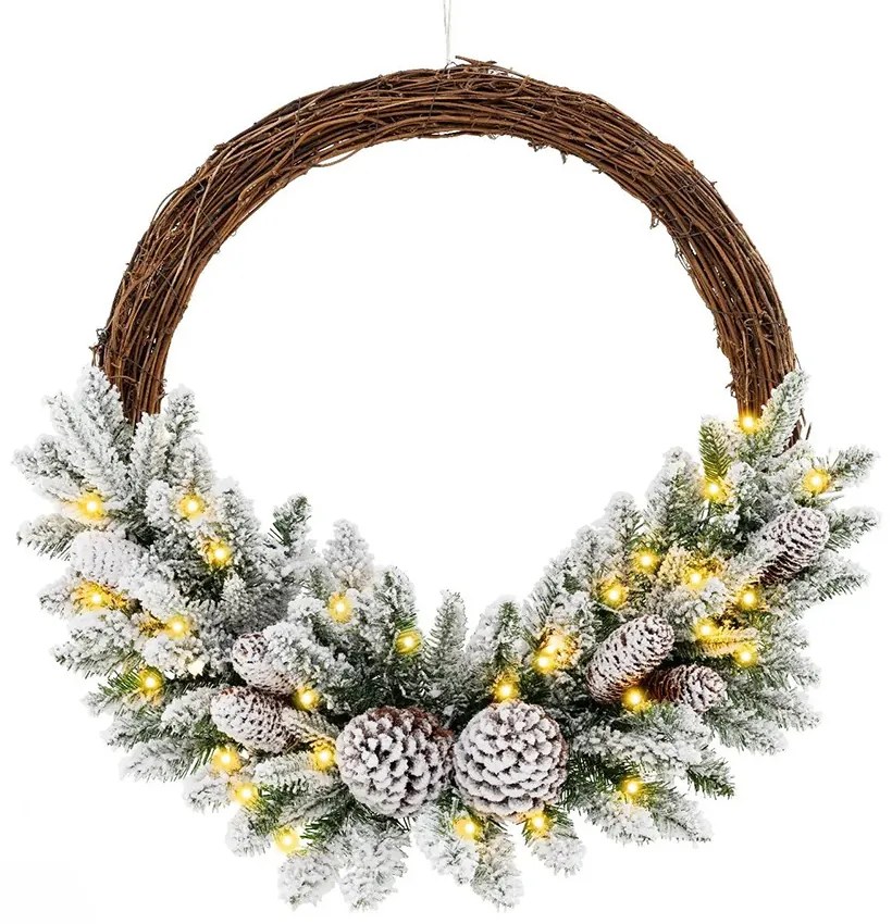 Coroniță de iarnă cu zăpadă și lumini LED calde