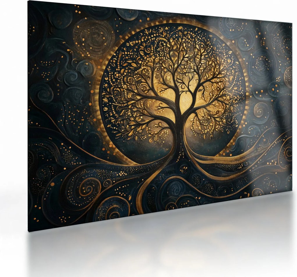 Tablou pe sticlă – Arbore cu aură aurie (70x50 cm)