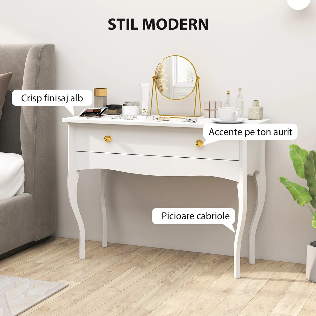 HOMCOM Masă de Toaletă Elegantă cu Sertar Spațios din Lemn Alb 100x40x74 cm | Aosom Romania