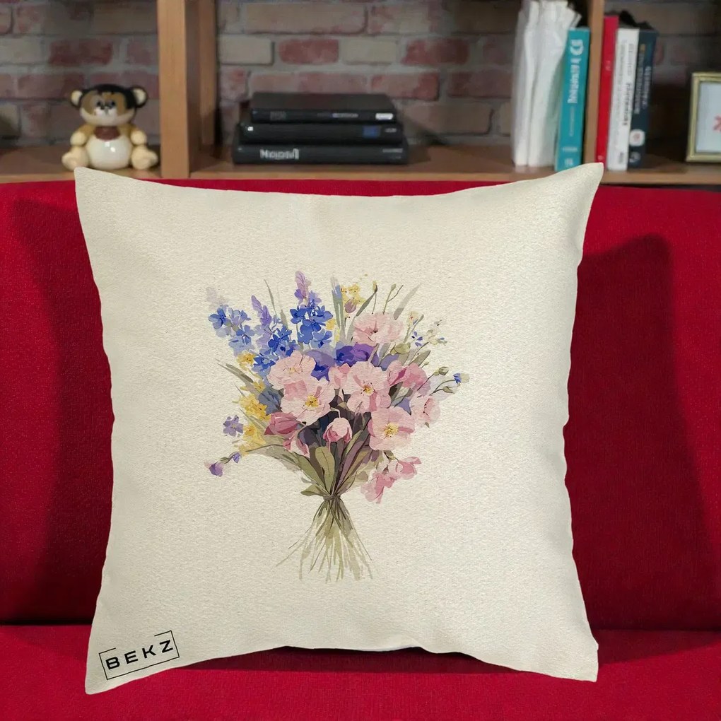 Perna Decorativa Buchet Floral Acuarela Primavara, 40x40 cm, Ecru, Husa Detasabila, Perna Inclusa, BEKZ®