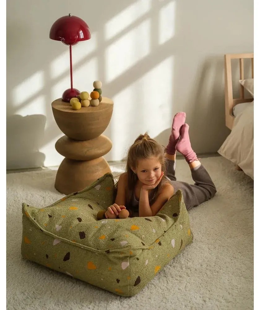 Fotoliu puf pentru copii verde cu tapițerie din țesătură bouclé/cu tapițerie din chenille Terrazzo Square – Wigiwama