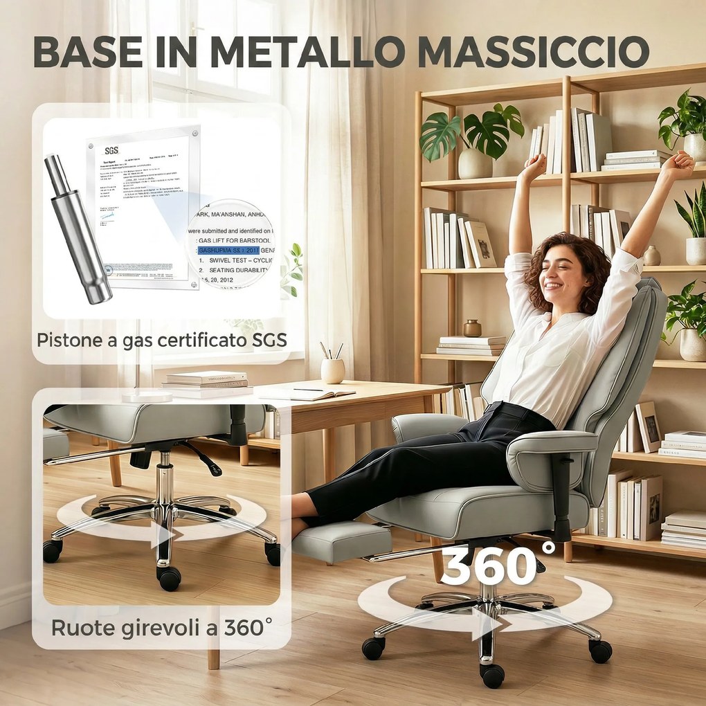 HOMCOM Scaun de birou ergonomic rabatabil cu suport picioare, spătar înalt, înălțime reglabilă, gri deschis | Aosom Romania