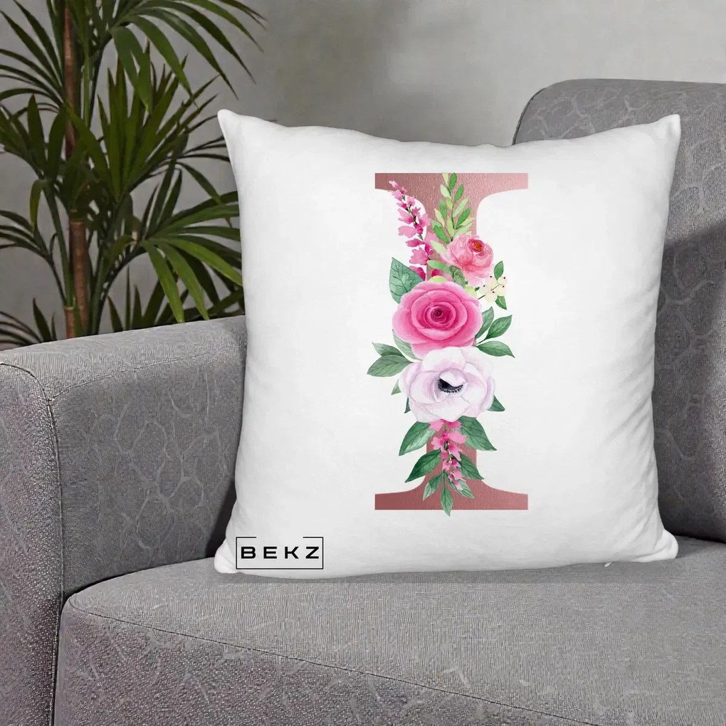 Cadou Personalizat - Perna Personalizata Monograma Rose Gold Litera I, 40x40 cm, Alb Pufos, Husa Detasabila, Perna Inclusa, BEKZ®