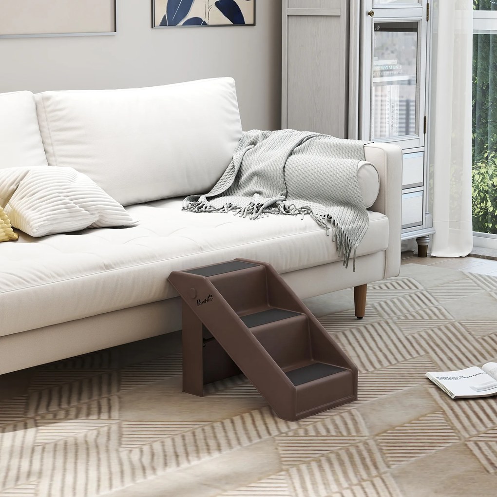 PawHut Scară pentru câini 3 Trepte 36,5 cm Înălțime Scară pentru animale de companie pentru câini mici pliabilă pentru Pat, Canapea, Sofa Mașină Maro | Aosom Romania