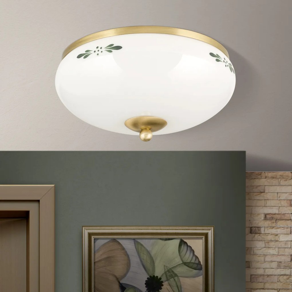 Plafoniera clasica Landhaus 28cm alama satin/ sticla opal decor verde