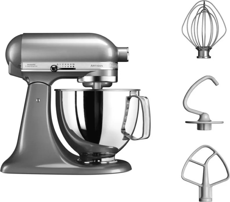 Mixer planetar KitchenAid Artisan Elegance 5KSM125ECU Contour Silver, 300 W, 4,8 l, Transmisie directa, 10 viteze, Argintiu metalizat
