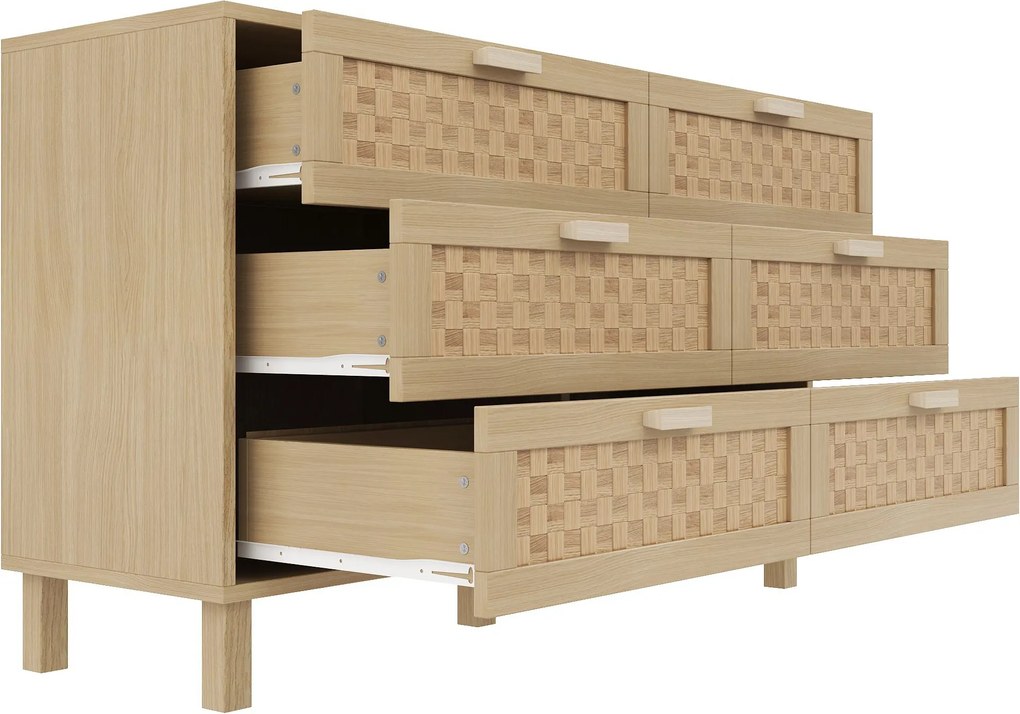 Comodă cu șase sertare din ratan, dulap de dormitor versatil cu spațiu generos de depozitare, 120x40x75 cm, Culoare naturală