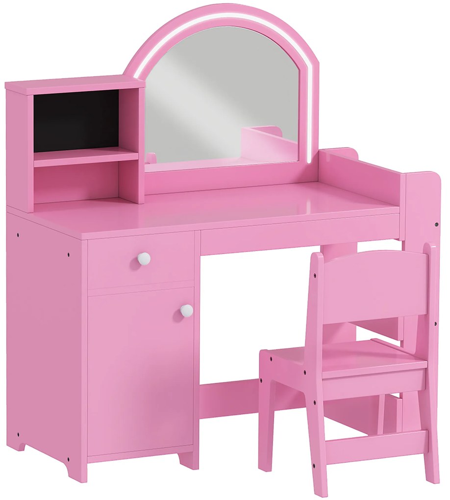 AIYAPLAY Masă de machiaj pentru copii cu taburet și oglindă LED, masă de machiaj pentru 3-8 ani, 88,6 x 38,8 x 96,9 cm, roz | Aosom Romania