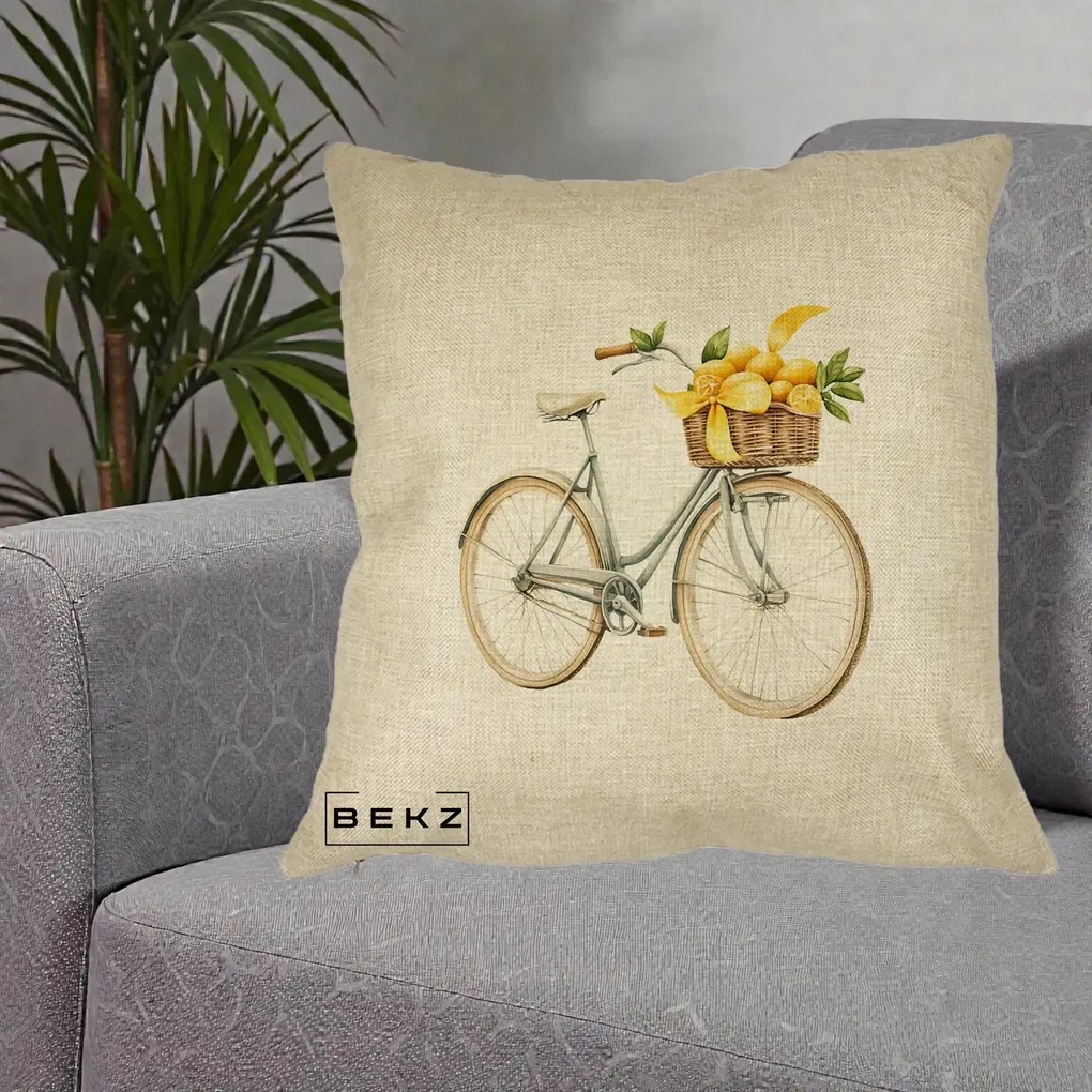 Perna Decorativa Bicicleta cu Cos de Lamai Mediteranean, 40x40 cm, Crem, Husa Detasabila, Perna Inclusa, BEKZ®