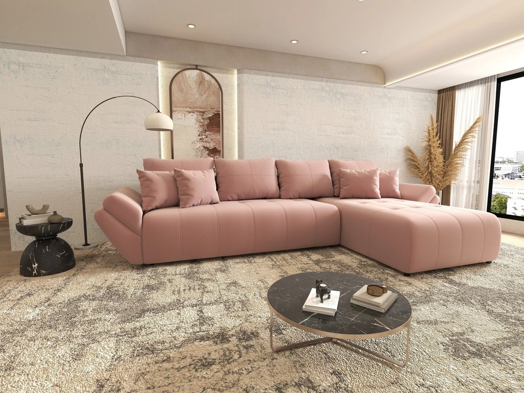 Colțar extensibil dumonde cu ladă de depozitare si sezut confortabil din spuma high-density, Berlin XL Royal Roz 350x185 cm II