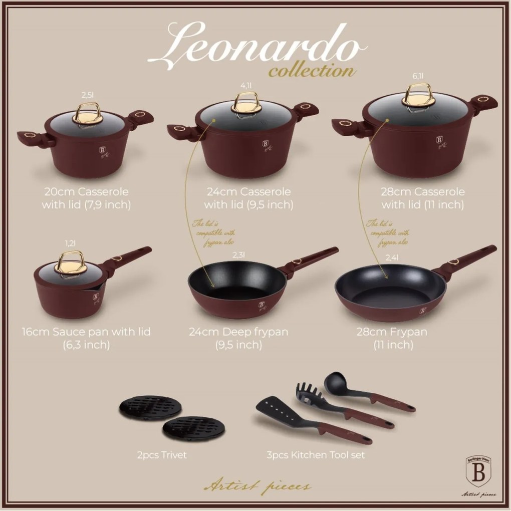 Set de oale si tigai cu capace, 15 piese Leonardo Collection Berlinger Haus BH 8051, antiaderente, strat titan, visiniu mat, inductie, design