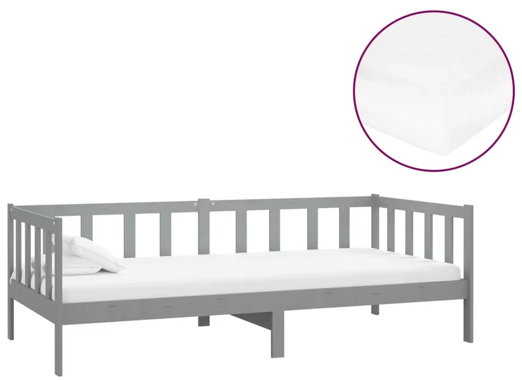 3083616 vidaXL Pat de zi cu saltea, gri, 90x200 cm, lemn masiv de pin