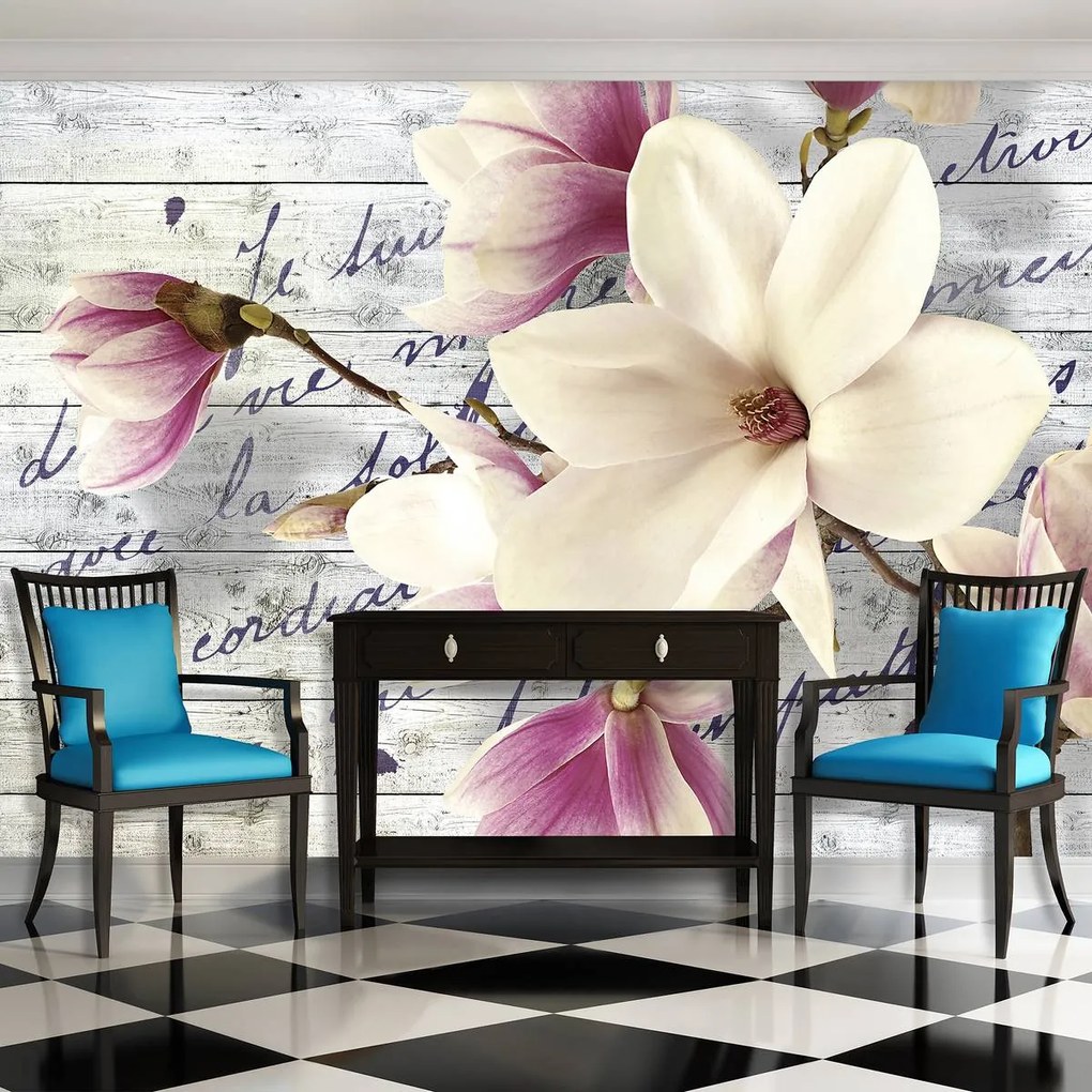 Fototapet - Magnolie pe sănduri de lemn (254x184 cm)