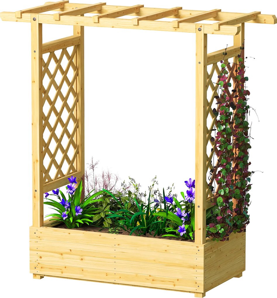 Outsunny Jardinieră ridicată cu spalier lateral și superior, ghiveci pentru flori cu găuri de drenaj, 110x44x113cm, lemn natural | Aosom Romania