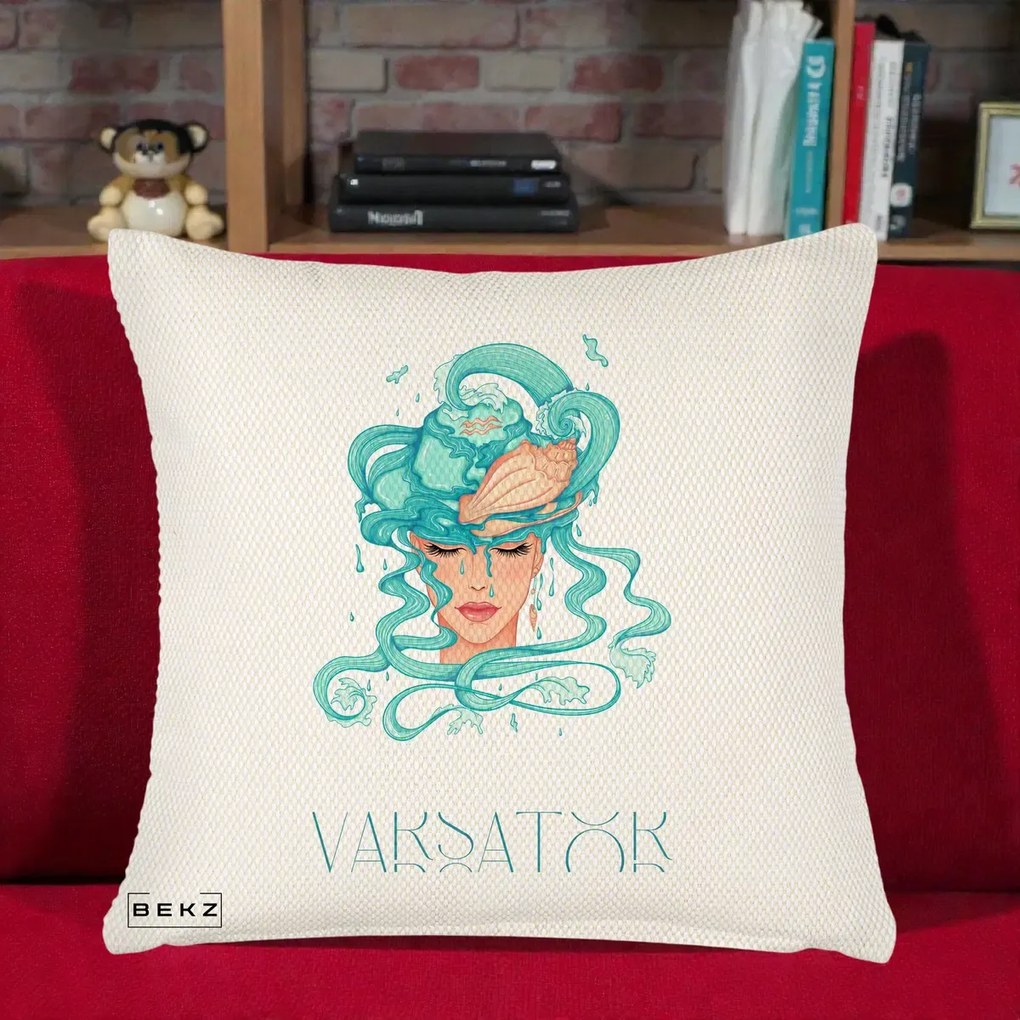 Perna Personalizata Zodiac Varsator Cowgirl, 40x40 cm, Crem Reliefat, Husa Detasabila, Perna Inclusa, BEKZ®
