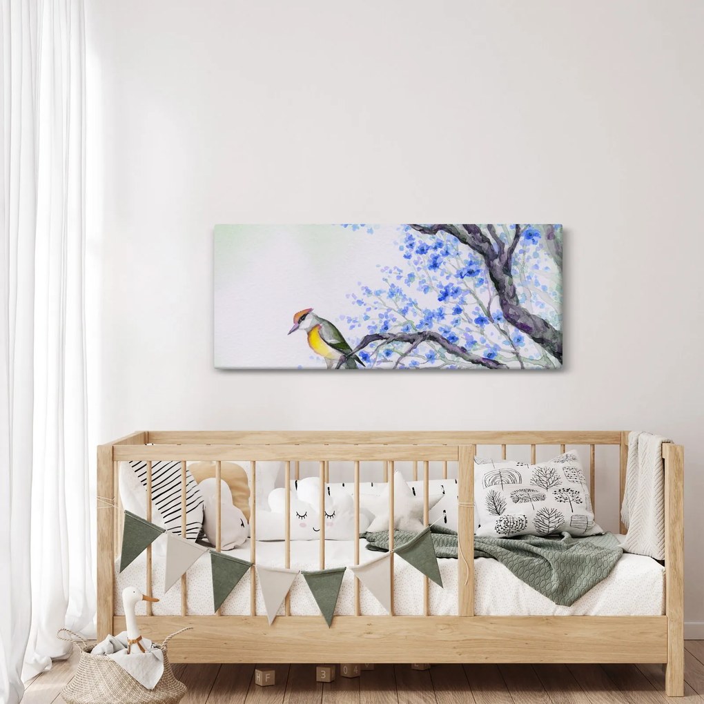 Tablou - Pasăre pe un copac cu flori albastre (120x50 cm)