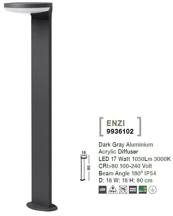 Stalp LED modern pentru iluminat exterior IP54 ENZI H-80cm