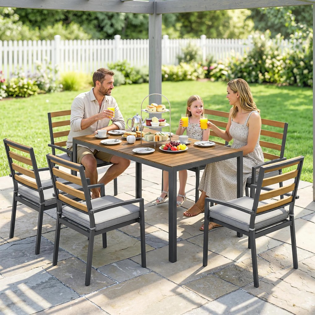 Outsunny Set mobilier grădină 7 piese, set cu 1 masă de dining, 6 scaune, perne, pentru terasă, lemn natural | Aosom Romania