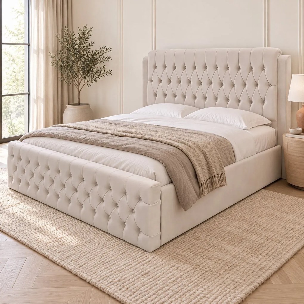 Pat tapițat Chesterfield din catifea Aveline Deluxe 180×200 cm, crem, cu ladă de depozitare