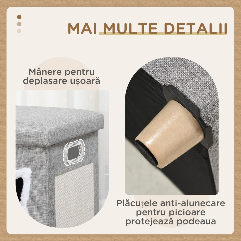 PawHut Căsuță pentru Pisici cu Covor de Zgâriat, Pernă și Bilă, 35.5x35.5x42.5 cm, Crem și Gri | Aosom Romania