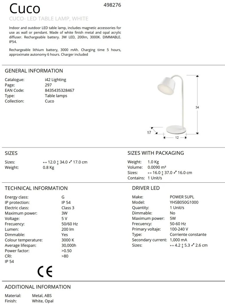 Lampa LED portabila exterior/interior IP54 Cuco alba