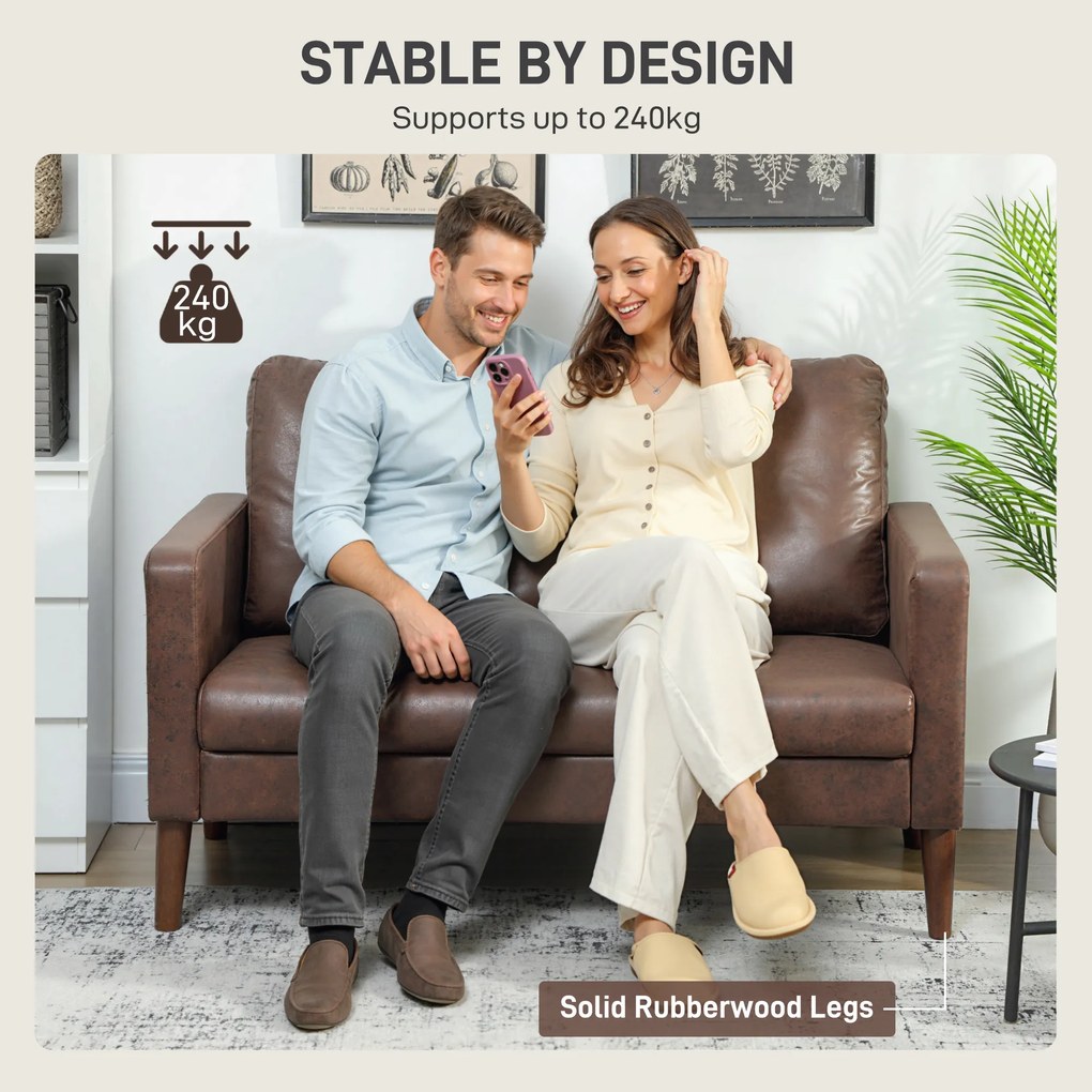 HOMCOM Divan cu 2 Locuri în Material Textil Efect Piele și Picioare din Lemn Maro | Aosom Romania