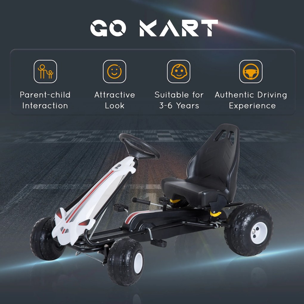 Go-Kart cu Pedale pentru Copii 3-6 ani, scaun reglabil, cu frana si ambreiaj, Plastic si Fier Alb si Negru HOMCOM | Aosom Romania