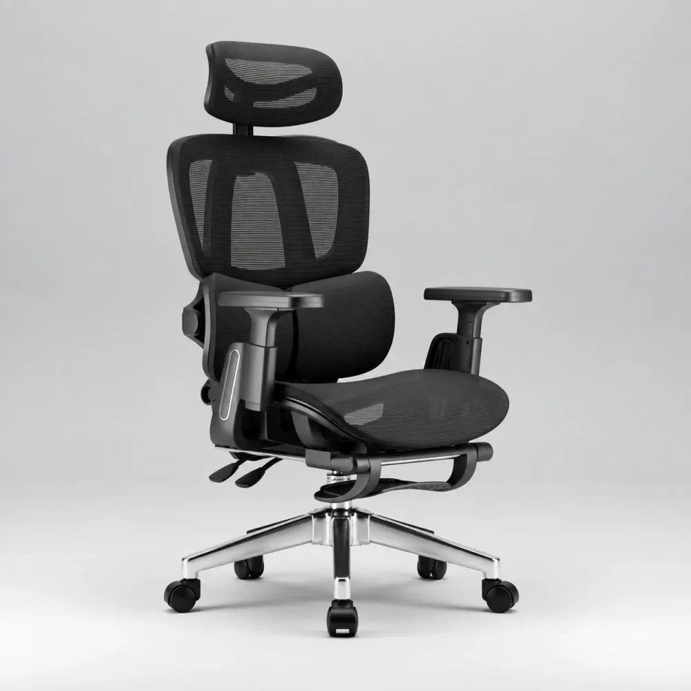MILANO E06 Executive – Scaun Ergonomic cu Suport Lombar Reglabil în 2 Trepte, Tetieră Reglabilă, Cotiere 3D, Reclinare 135°, Suport pentru Picioare și Bază Metalică, Mesh, Negru