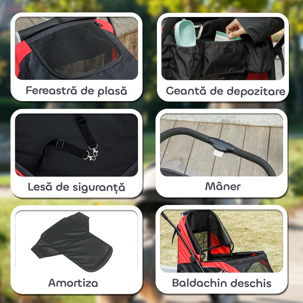 PawHut Cărucior Pliabil pentru Câini de Talie Mare cu Roți Detașabile, Pernă și Lese de Siguranță, 124x67x100 cm, Negru | Aosom Romania