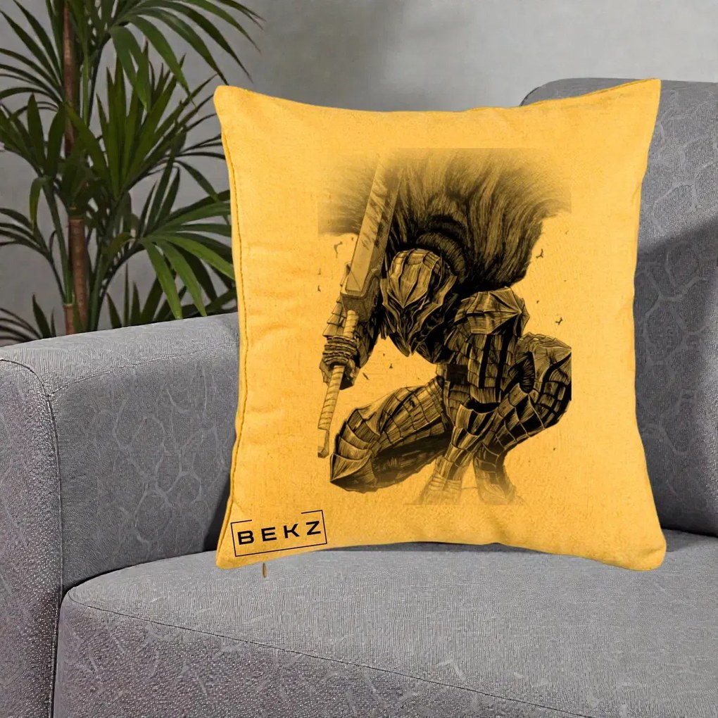 Perna Personalizata Berserk Guts Armor of Darkness Manga, 40x40 cm, Galben, Husa Detasabila, Perna Inclusa, BEKZ®