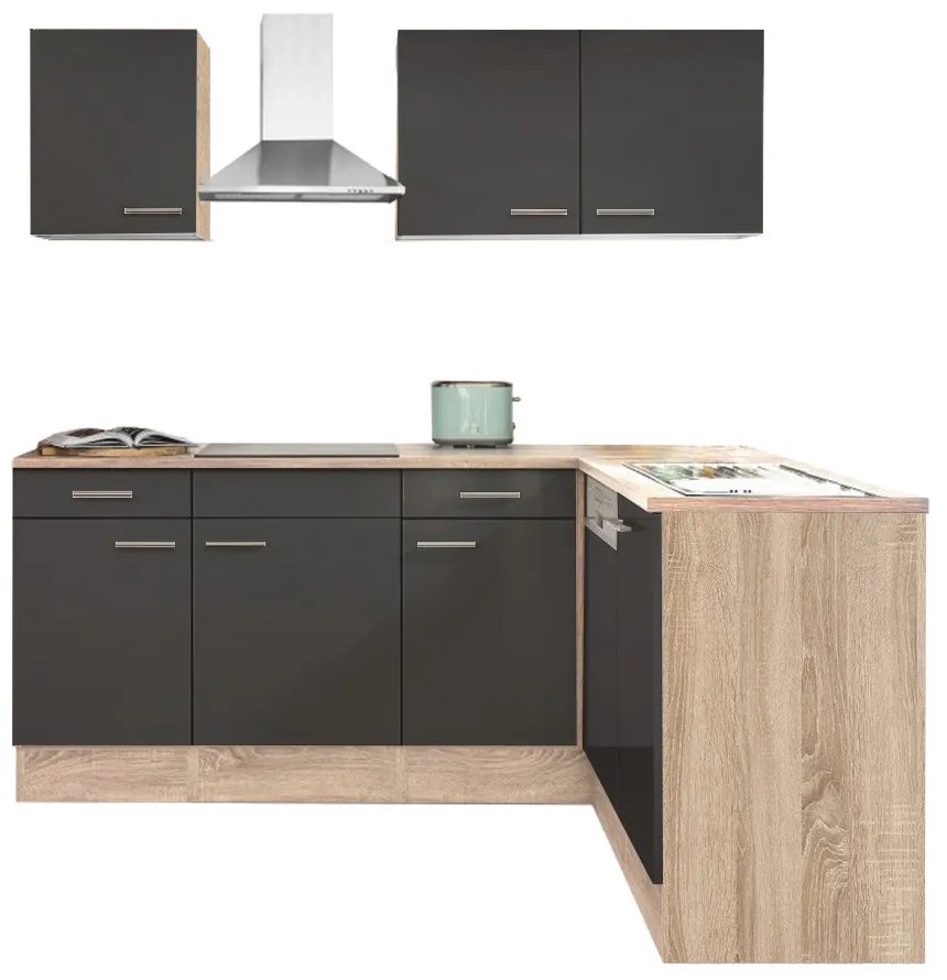 Mobilă de bucătărie de colț Yorki 220, corp din stejar sonoma, cu față antracit satinat