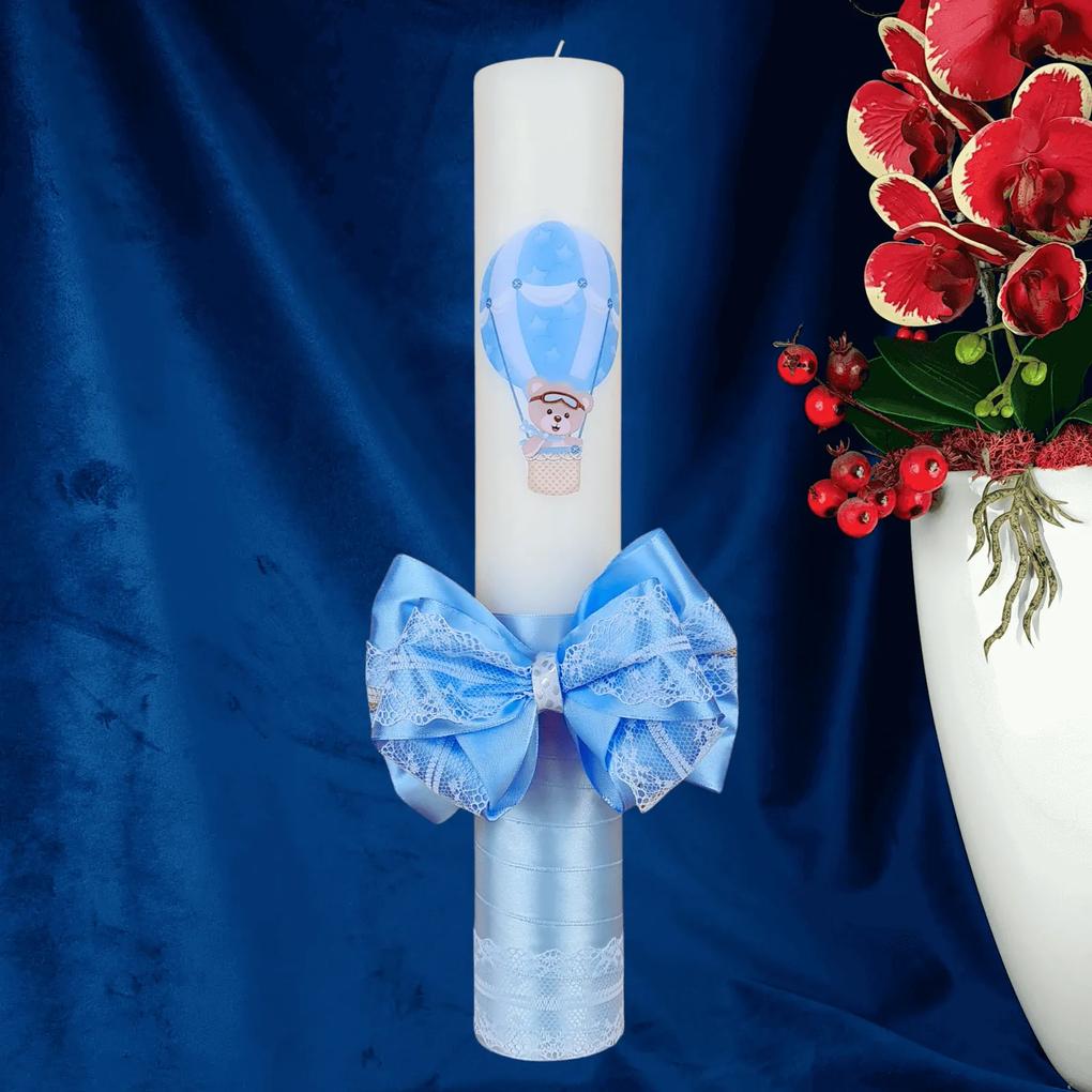 Lumanare botez decorata Balon albastru 4,5 cm, 30 cm