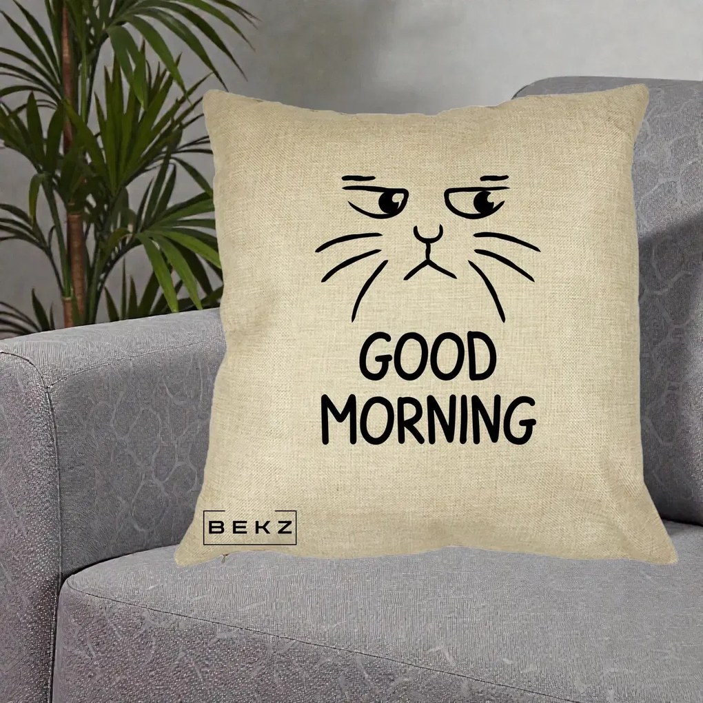 Perna Decorativa Pisica Morocanoasa Good Morning, 40x40 cm, Crem, Husa Detasabila, Perna Inclusa, BEKZ®